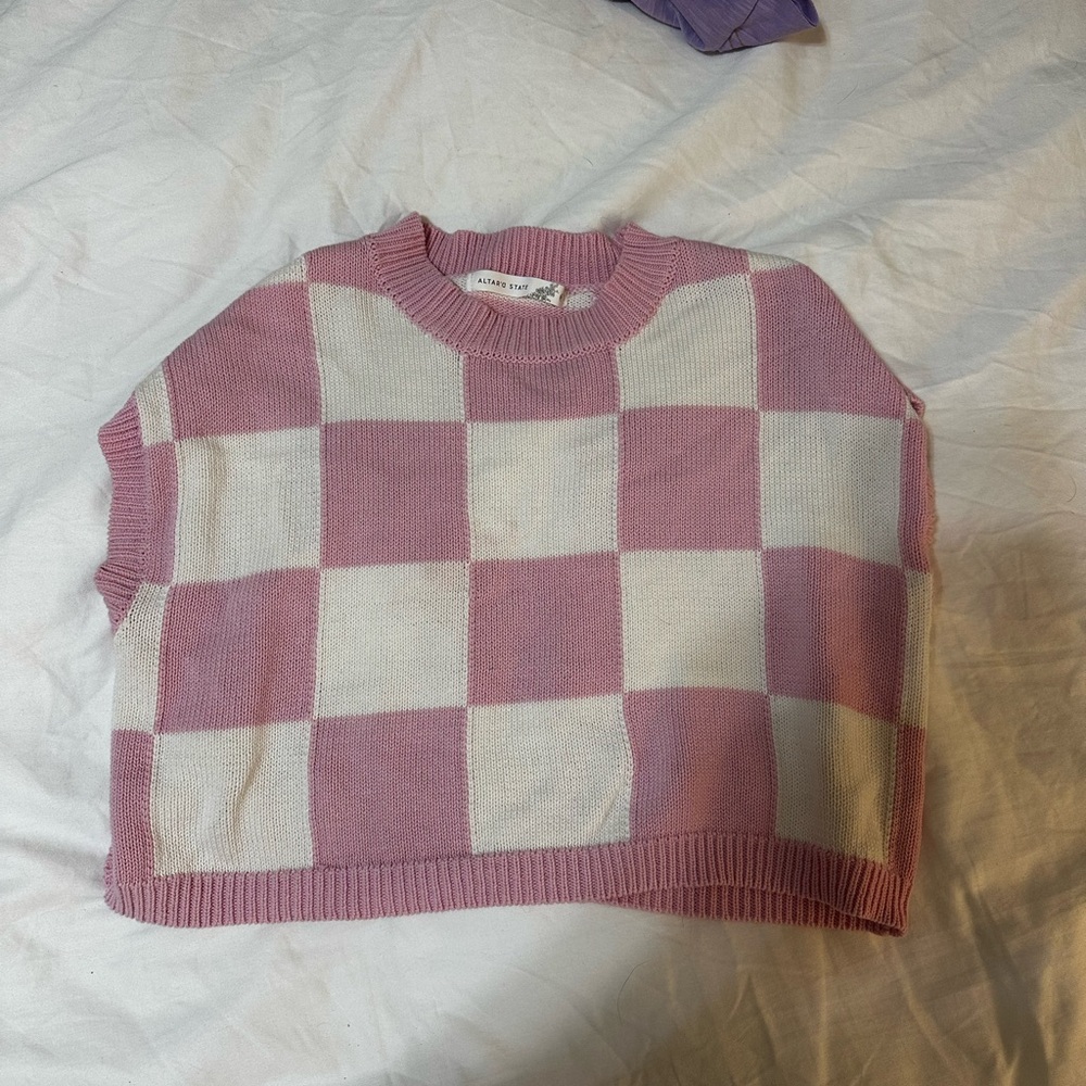 Altar'd State Pink and Cream Checkered Sweater